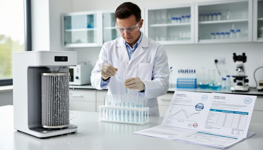 Laboratory scientist examining purified water sample in professional testing facility