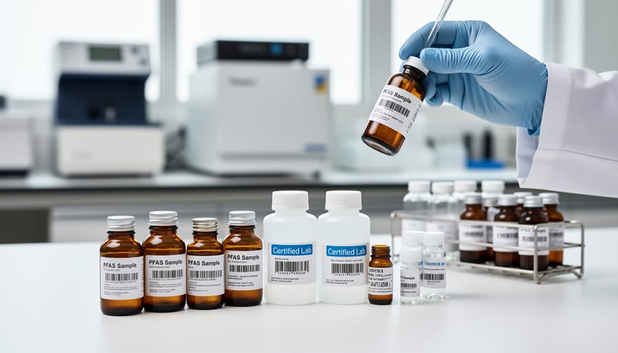 Laboratory-approved water sample collection bottles near residential well