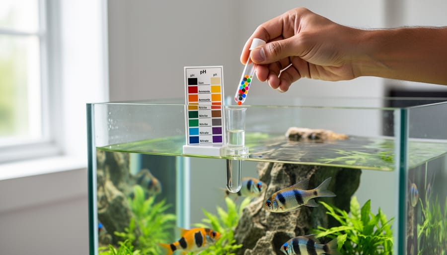 Hands holding aquarium water test kit tubes with colored chemical solutions