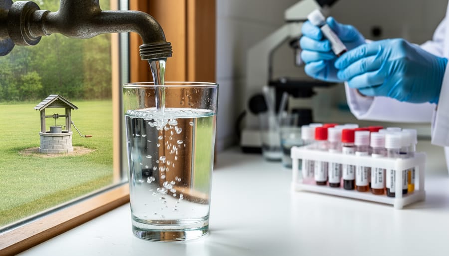 Glass of clear well water held near residential well pump system