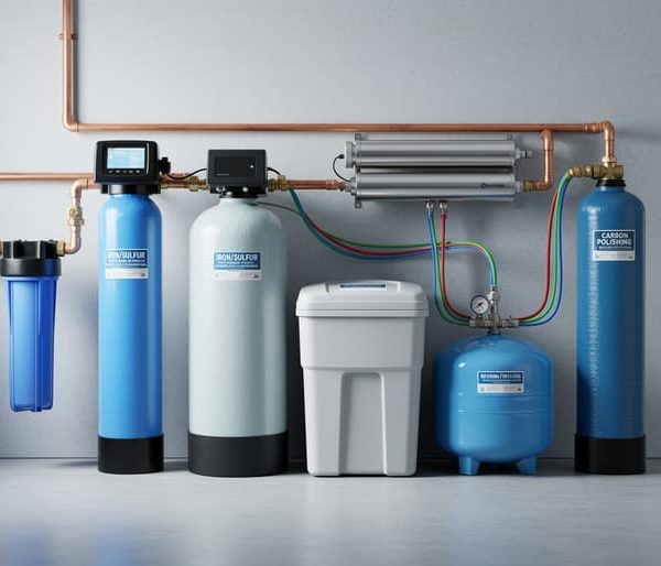 Whole-house well water filtration components—blue sediment canister, iron/sulfur tank, water softener with brine tank, stainless UV chamber, and carbon tank—neatly plumbed beside a pressure tank in a clean utility room, photographed straight-on in soft daylight