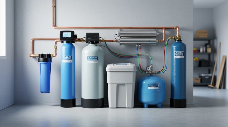 Whole-house well water filtration components—blue sediment canister, iron/sulfur tank, water softener with brine tank, stainless UV chamber, and carbon tank—neatly plumbed beside a pressure tank in a clean utility room, photographed straight-on in soft daylight