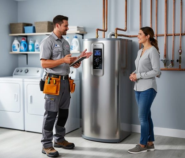 Technician and homeowner beside a modern heat pump water heater in a well-lit utility room, with shelves, copper piping, and laundry machines softly blurred in the background