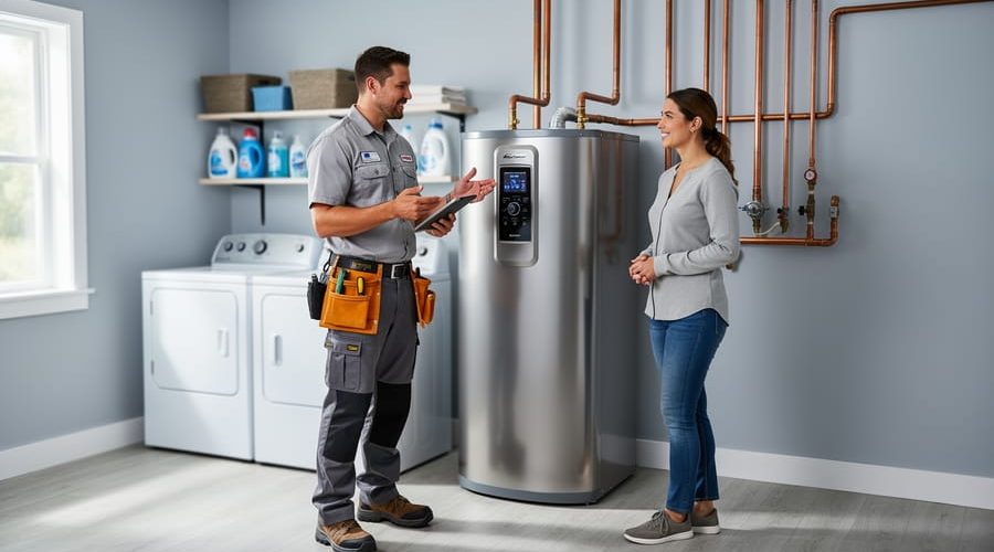 Technician and homeowner beside a modern heat pump water heater in a well-lit utility room, with shelves, copper piping, and laundry machines softly blurred in the background