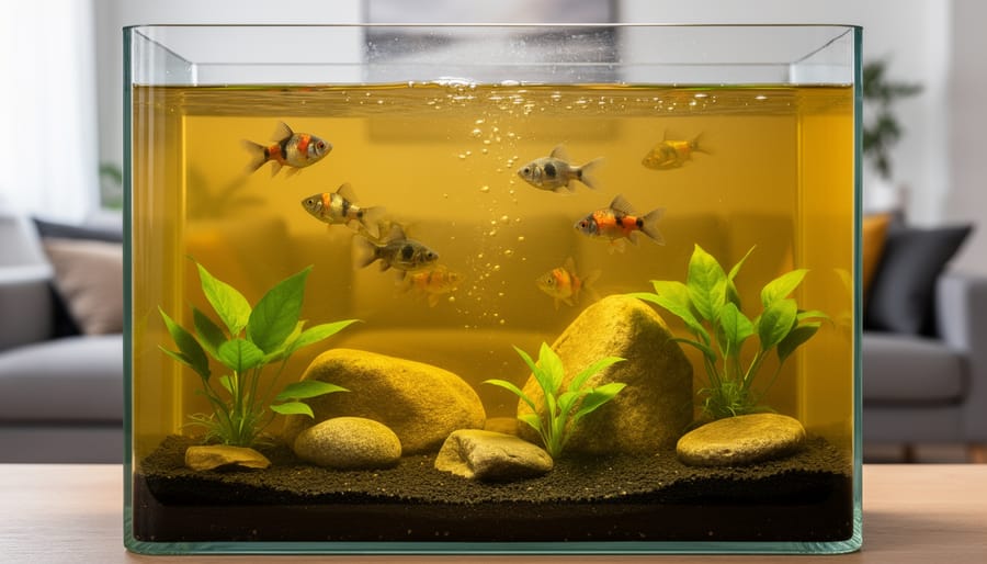 Aquarium with yellow-tinted water containing tropical fish and driftwood