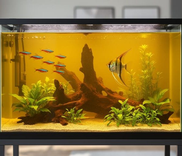 Eye-level view of a home freshwater aquarium with yellow-tinted water, neon tetras and an angelfish around driftwood and plants, softly lit by window light with a blurred living-room background.