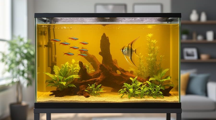 Eye-level view of a home freshwater aquarium with yellow-tinted water, neon tetras and an angelfish around driftwood and plants, softly lit by window light with a blurred living-room background.