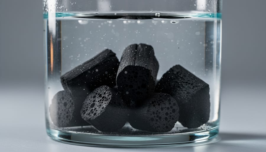 Activated charcoal pieces in bowl with clear water demonstrating natural water purification