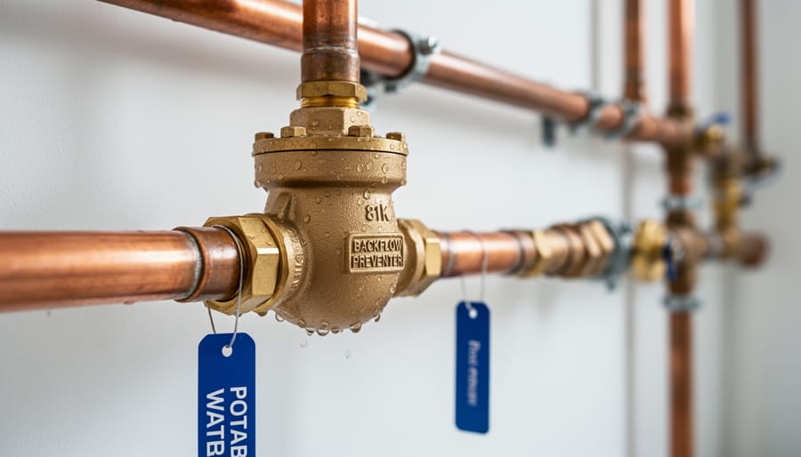 Close-up of backflow prevention valve installed on outdoor water pipe