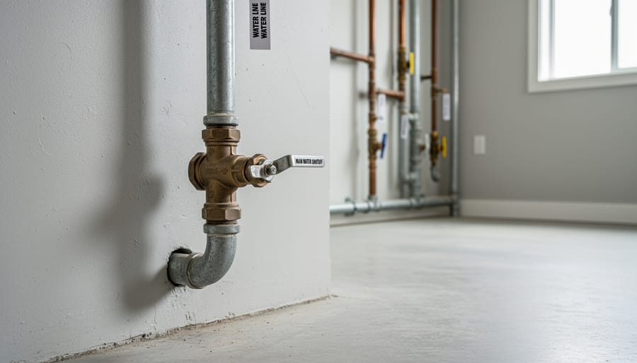 Blue gate valve with red handle on copper water pipe in residential basement
