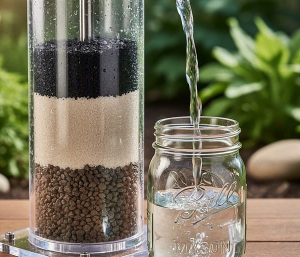 Transparent column layered with gravel, fine sand, and activated charcoal filtering clear water into a mason jar on a wooden table, with softly blurred green garden plants behind.