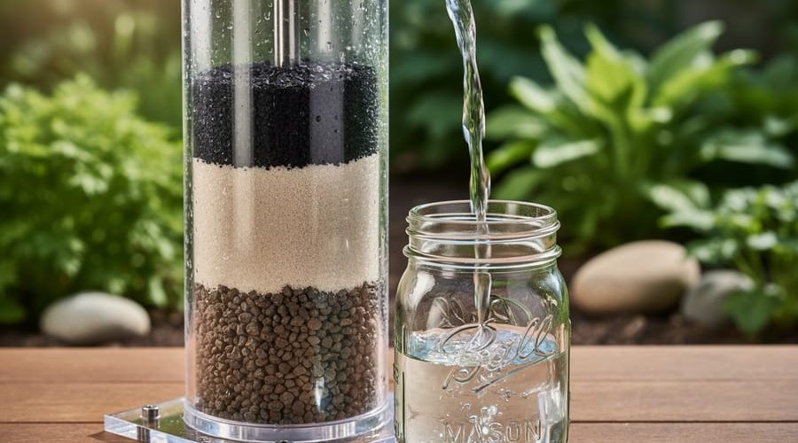 Transparent column layered with gravel, fine sand, and activated charcoal filtering clear water into a mason jar on a wooden table, with softly blurred green garden plants behind.