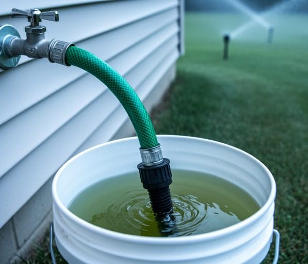 Close-up of a green garden hose on an outdoor faucet with the hose end submerged in a pesticide sprayer bucket of murky green water, with a blurred house and lawn in the background.