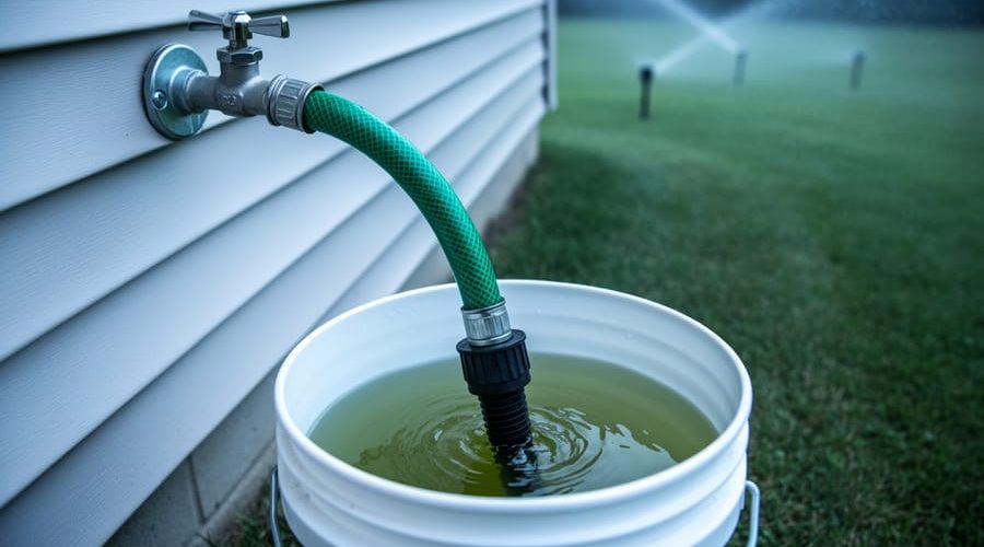 Close-up of a green garden hose on an outdoor faucet with the hose end submerged in a pesticide sprayer bucket of murky green water, with a blurred house and lawn in the background.