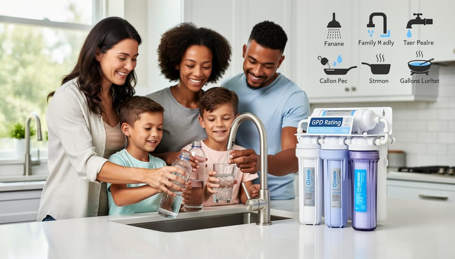 Family of five using multiple water sources simultaneously in modern kitchen
