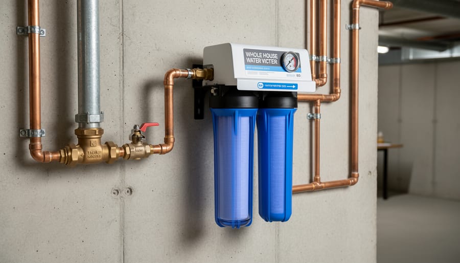 Whole house water filter system installed on pipes near main shutoff valve