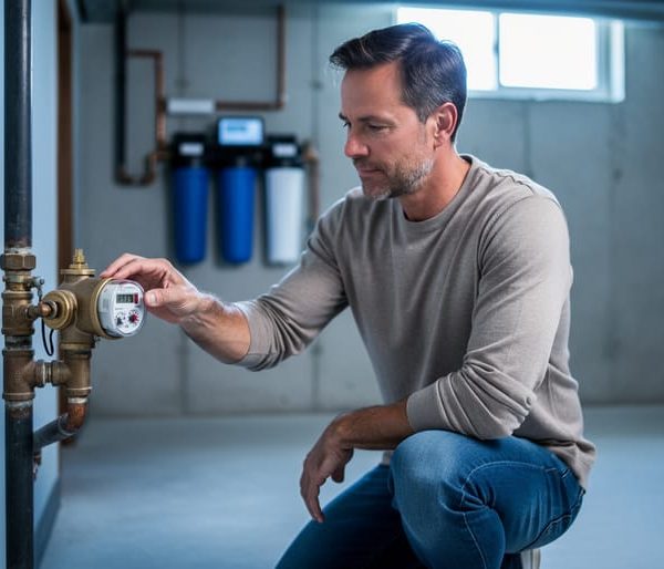 Homeowner kneeling in a basement turning the brass main water shutoff valve beside a residential water meter, with blurred whole-house filter canisters on the wall in the background under soft diffused daylight.