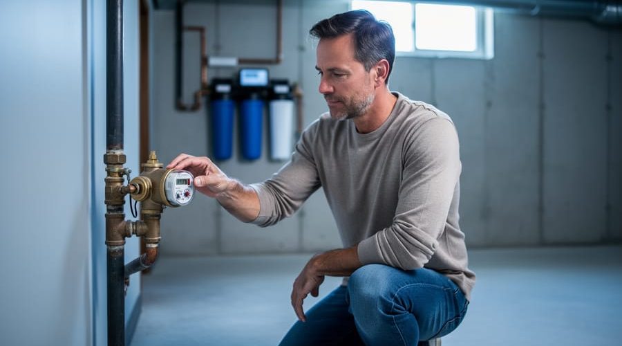 Homeowner kneeling in a basement turning the brass main water shutoff valve beside a residential water meter, with blurred whole-house filter canisters on the wall in the background under soft diffused daylight.