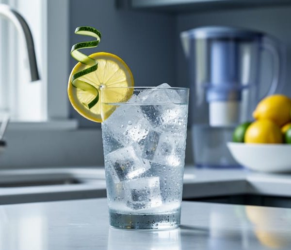 Close-up of a frosty glass of ice water with a lemon slice and cucumber ribbon on a kitchen counter, condensation visible; a carbon filtration pitcher, faucet, and bowl of lemons and limes softly blurred in the background.