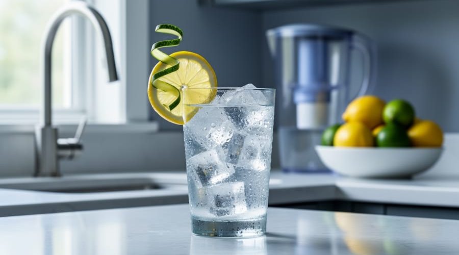 Close-up of a frosty glass of ice water with a lemon slice and cucumber ribbon on a kitchen counter, condensation visible; a carbon filtration pitcher, faucet, and bowl of lemons and limes softly blurred in the background.