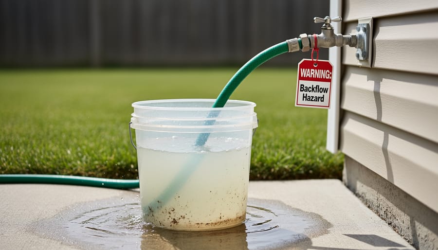 Garden hose submerged in bucket of fertilizer solution connected to outdoor faucet
