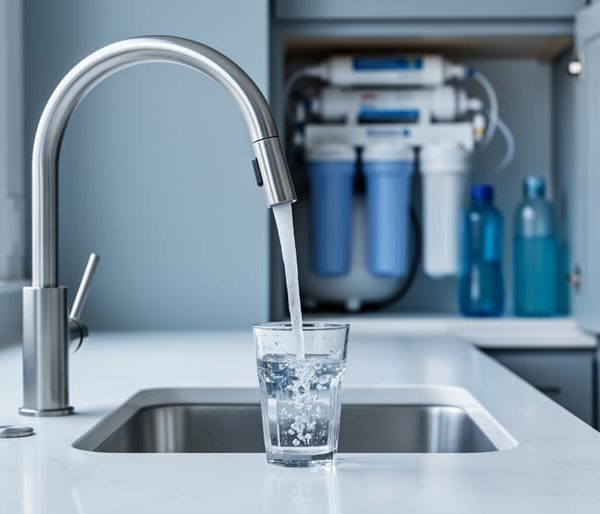 Reverse osmosis faucet filling a clear glass on a white quartz countertop, soft natural daylight, with the under-sink RO filters and storage tank blurred in the background and several reusable water bottles nearby in a modern kitchen.