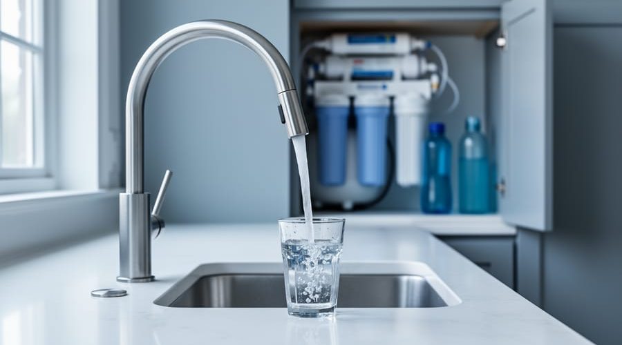 Reverse osmosis faucet filling a clear glass on a white quartz countertop, soft natural daylight, with the under-sink RO filters and storage tank blurred in the background and several reusable water bottles nearby in a modern kitchen.