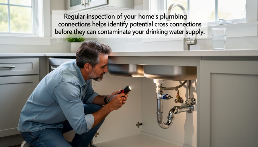 Homeowner inspecting outdoor plumbing connections for cross connections