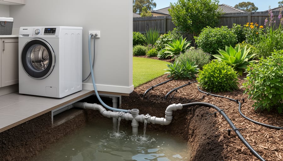 Washing machine drain connection showing greywater collection system
