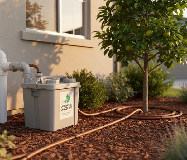 Exterior view of a home greywater setup with a washing machine drain line connected to a filter box feeding drip irrigation around a mulched fruit tree and native plants at golden hour.