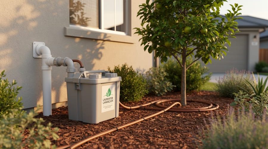 Exterior view of a home greywater setup with a washing machine drain line connected to a filter box feeding drip irrigation around a mulched fruit tree and native plants at golden hour.