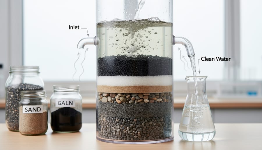 Glass container showing layered natural water filtration materials including sand, gravel, and activated charcoal