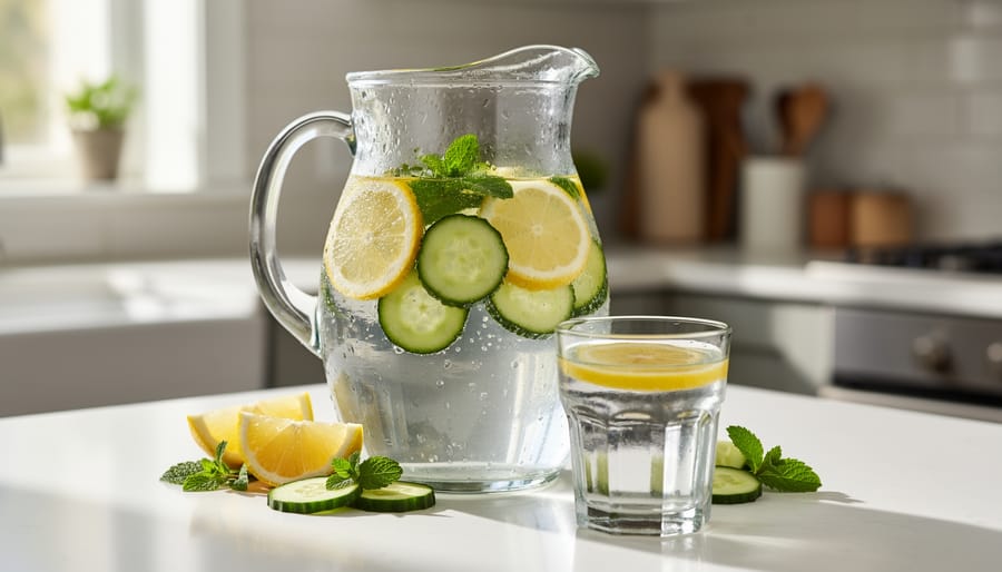 Glass pitcher of infused water with fresh lemon, cucumber, and mint leaves