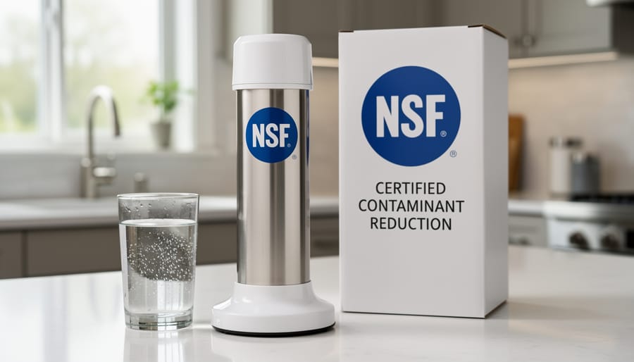 Close-up of NSF certification seal on water filter product showing third-party testing verification