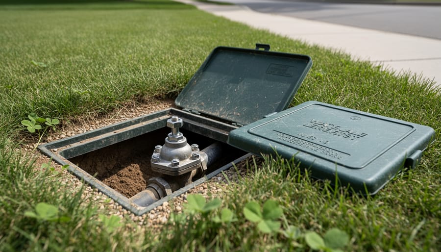 Homeowner opening green valve box cover in lawn to access water main shutoff