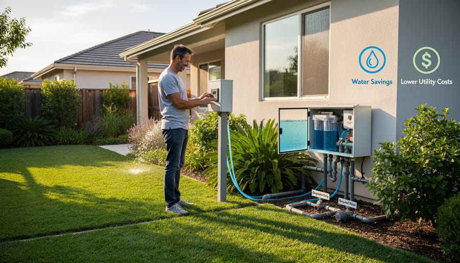 Residential garden and lawn being irrigated with water conservation system