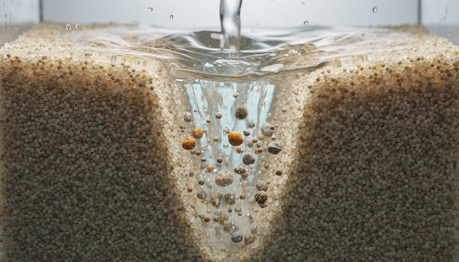 Close-up of water filtering through fine sand grains showing natural purification process