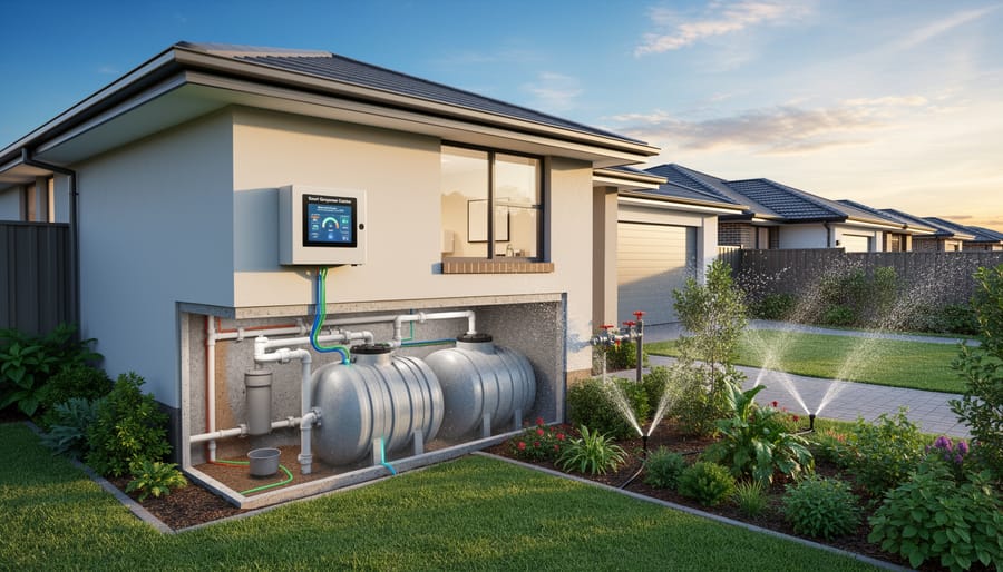 Modern greywater storage tank with digital control system in backyard