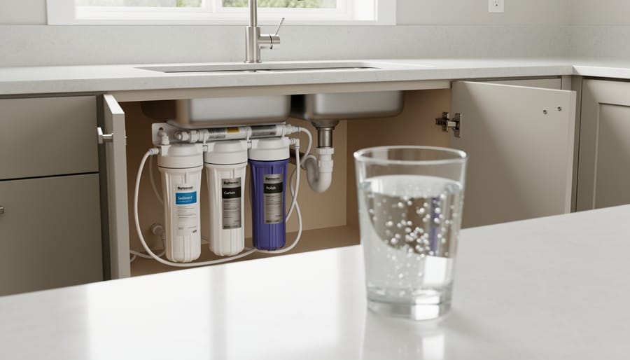 Modern under-sink water filtration system with chrome faucet and visible filter cartridge