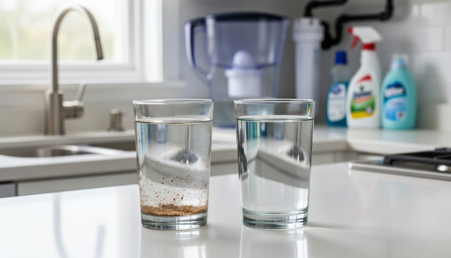 Clear glass containers displaying different types of water contaminants including sediment and discolored water