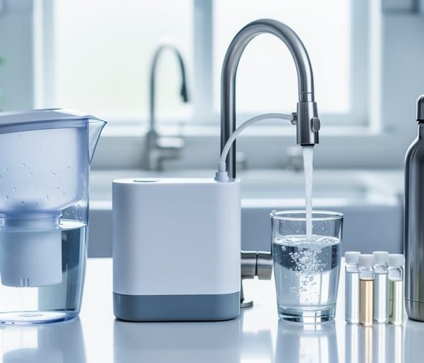 Unbranded water filter pitcher, countertop carbon block unit, and reverse osmosis faucet filling a glass on a clean kitchen counter with small sample vials and a reusable bottle, softly lit in a modern kitchen with a blurred sink and plant in the background.