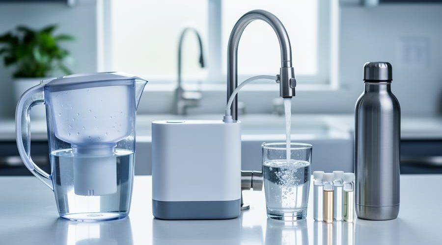Unbranded water filter pitcher, countertop carbon block unit, and reverse osmosis faucet filling a glass on a clean kitchen counter with small sample vials and a reusable bottle, softly lit in a modern kitchen with a blurred sink and plant in the background.