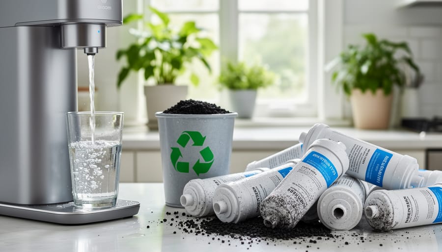 Collection of used water filter cartridges showing plastic waste generated by different filtration systems