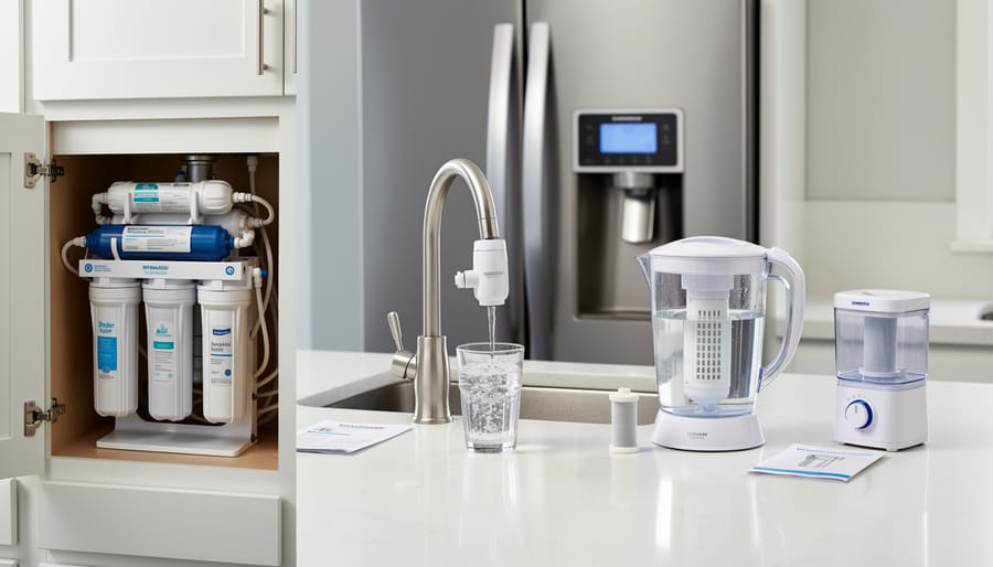 Four different types of household water filters displayed on kitchen counter including pitcher and faucet-mounted systems