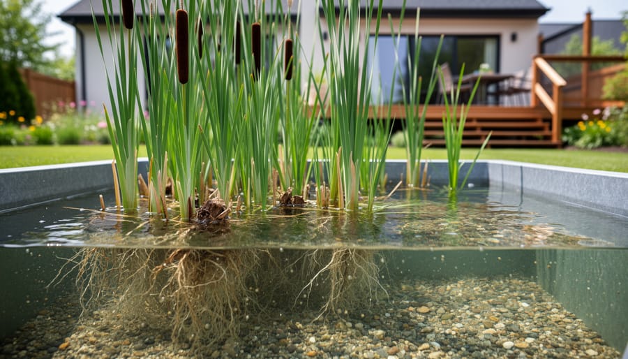 Cattails and reed plants growing in wetland water showing natural root-based filtration