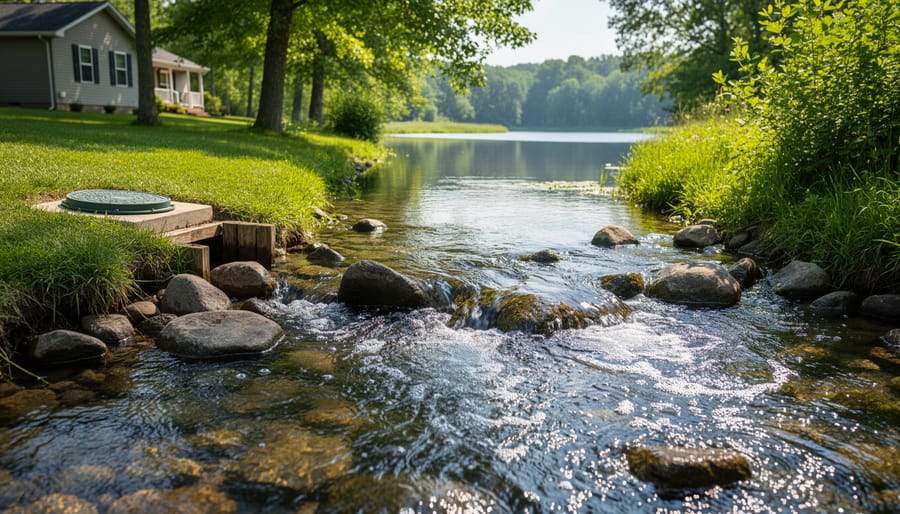 Clear creek water flowing near a wooded residential area
