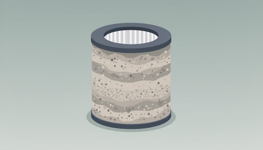 Close-up of a dirty water filter cartridge with visible sediment and buildup