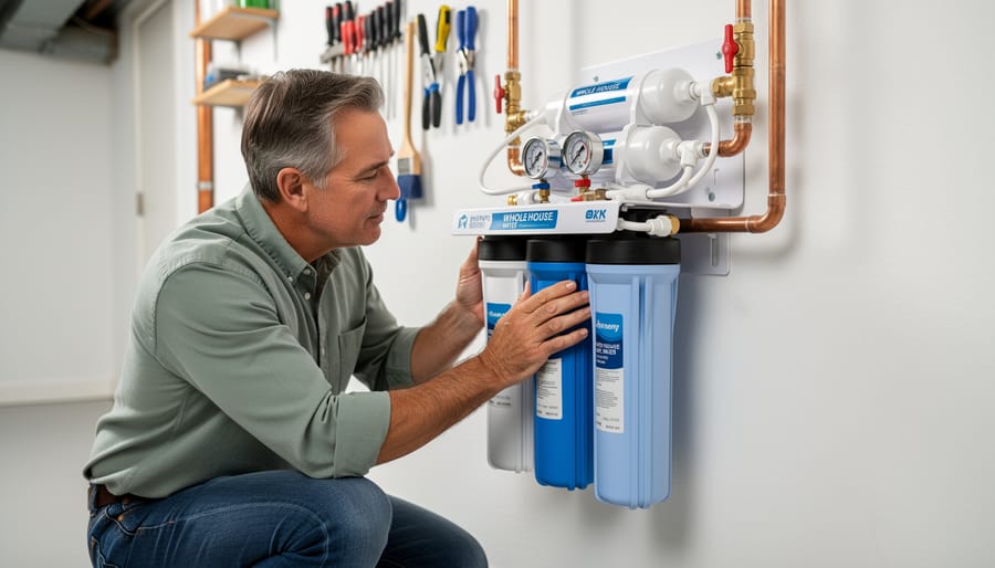 Homeowner inspecting a whole-house water filtration unit in a utility closet