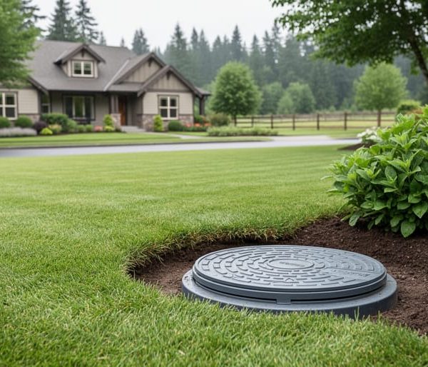 Rural home property with a neatly maintained onsite septic area, showing soil and vegetation under natural daylight to suggest proper septic system installation.