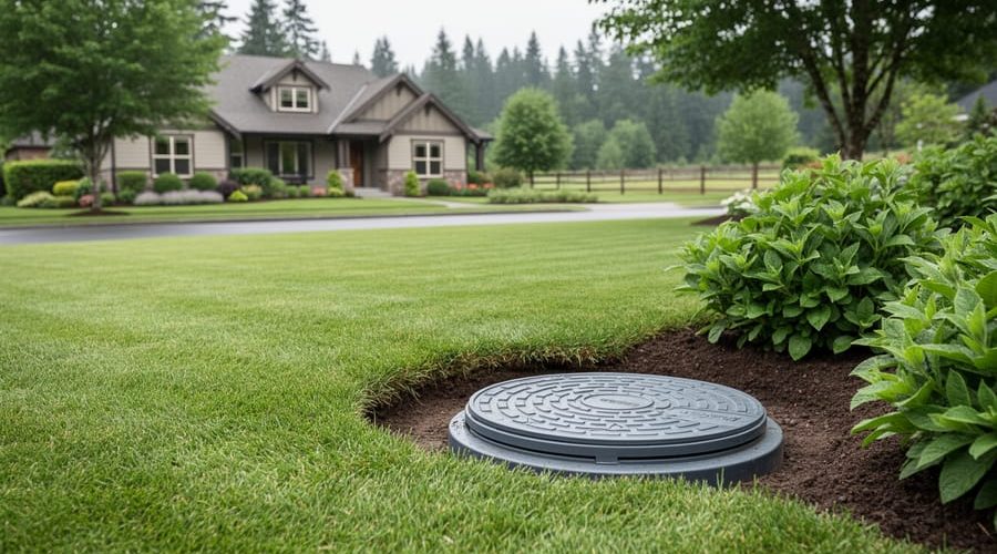 Rural home property with a neatly maintained onsite septic area, showing soil and vegetation under natural daylight to suggest proper septic system installation.